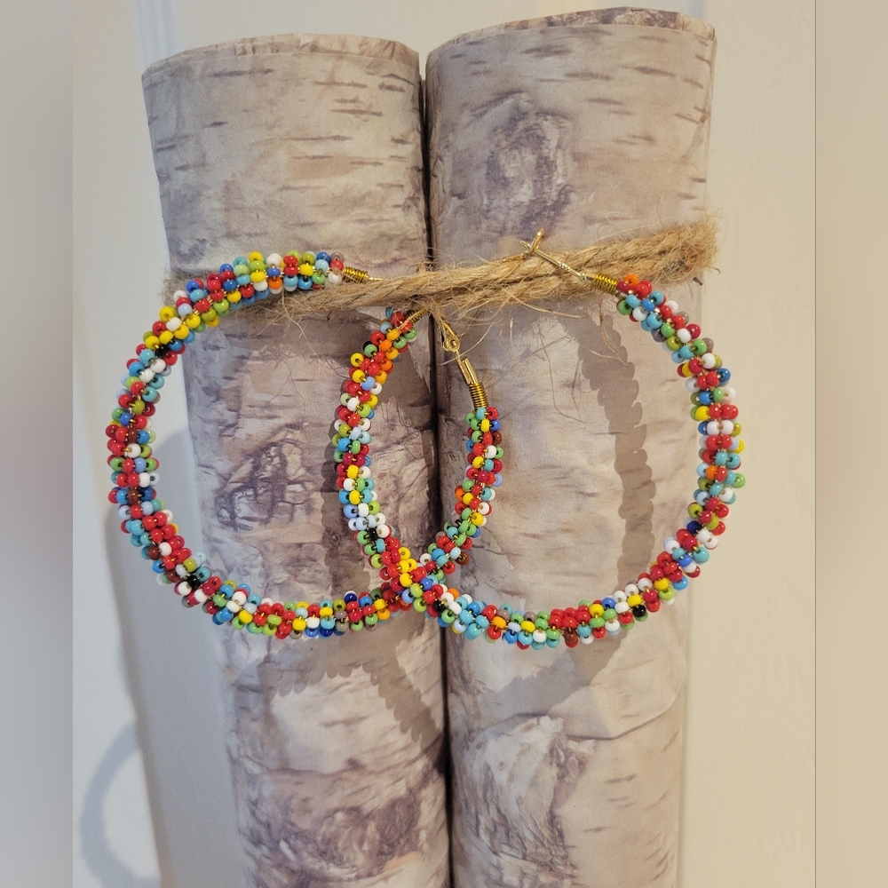 Handmade Multicolor Beaded Hoop Southwestern Boho Western Artisan Festival Y2k - Picture 2 of 4
